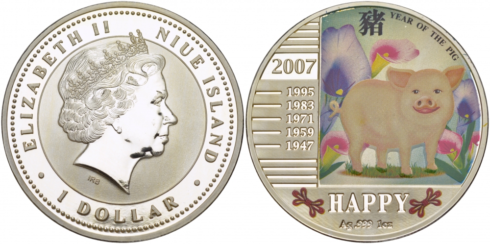 Ниуэ 1 доллар 2007 год Свиньи, счастливый, цветная эмаль KM NEW серебро PROOF 1066-3-44