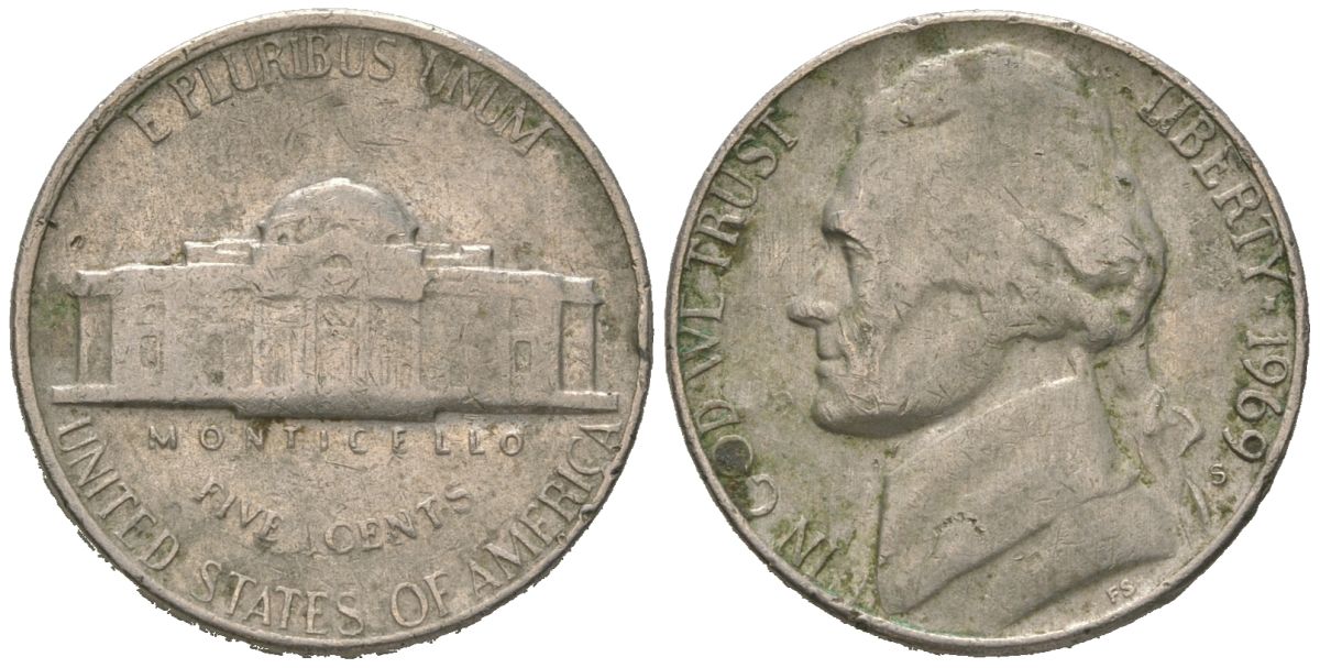 США 5 центов 1969 S KM A192 медно-никель 4580-756