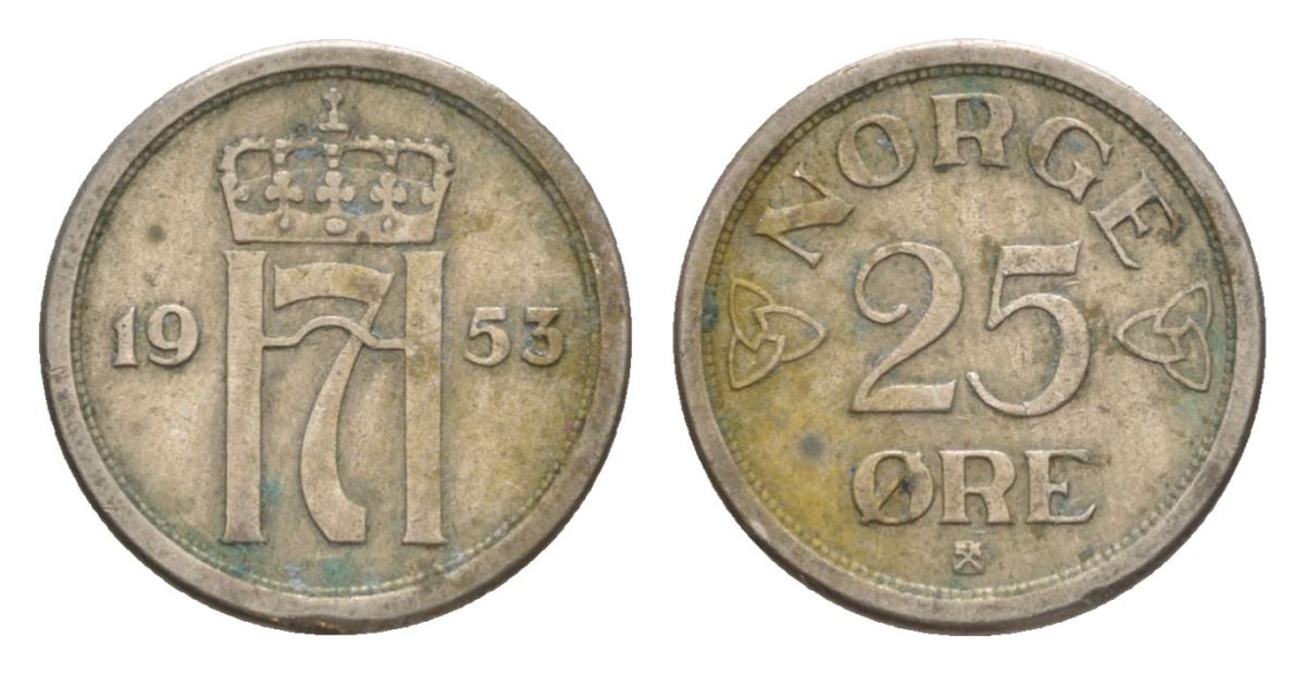 Норвегия 25 эре 1953 Хокон VII (1905-1957) KM 401 медно-никель 4632-1228