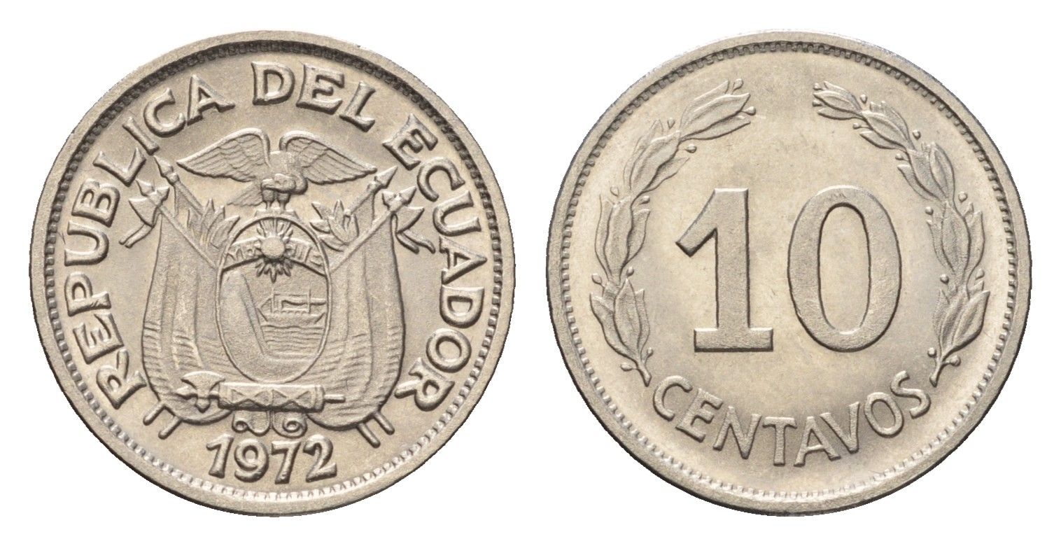 Эквадор 10 сентаво 1972 KM 76c сталь плакированная никелем UNC 4697-347