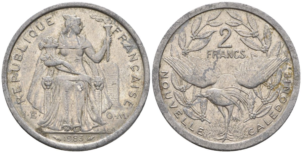 Французская Новая Каледония 2 франка 1983 птица кагу, (IEOM) KM 14, Schoen 11, Lec 63 алюминий    08-934