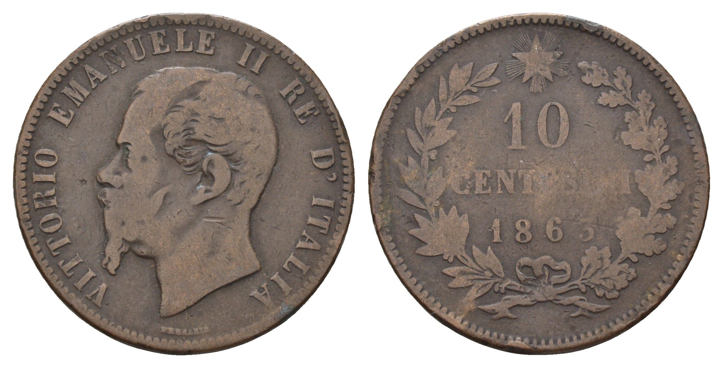 Италия 10 чентезимо 1863 Виктор Эммануил II (1861-1878) KM 11 медь 91-214