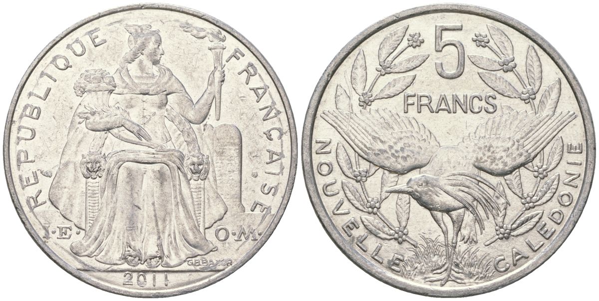 Французская Новая Каледония 5 франков 2011 птица кагу, (IEOM) KM 16, Schoen 12, Lec 81k алюминий 4111-1113
