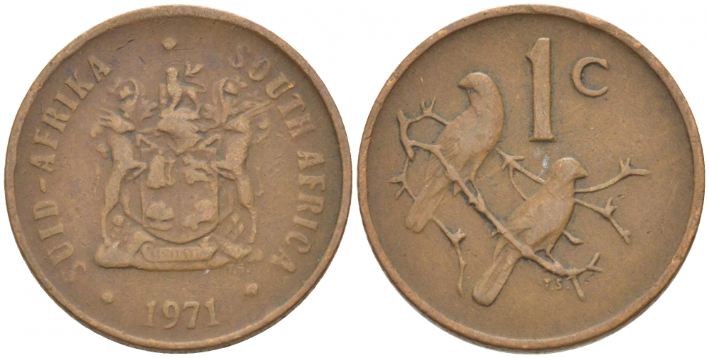 ЮАР 1 цент 1971 герб, капские воробьи KM 82 бронза 3309-613