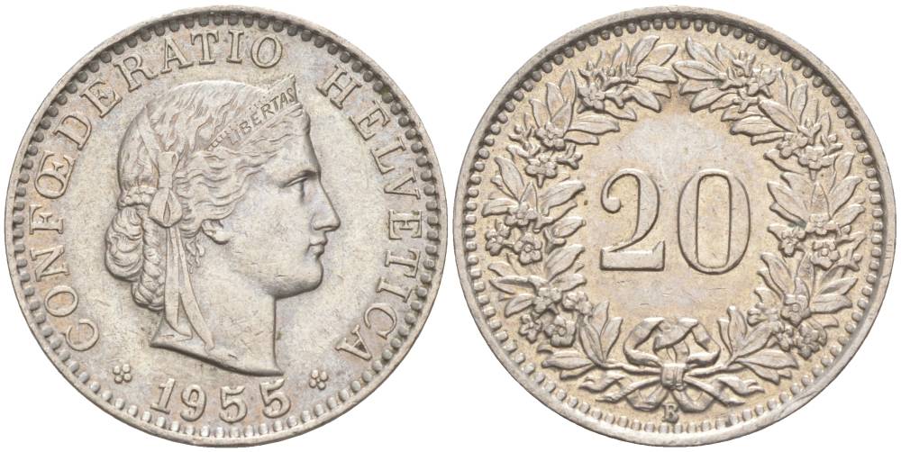 ШВЕЙЦАРИЯ 20 РАППЕНОВ 1955 В KM 29a медно-никель 55-735