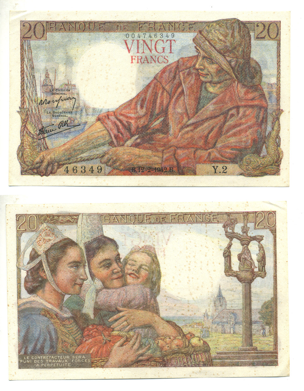 ФРАНЦИЯ 20 ФРАНКОВ 1942 12 ФЕВРАЛЯ 1942 Pick 100a бумага 3295-18-1