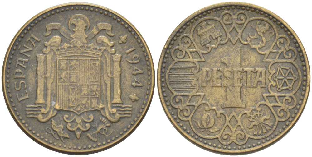 ИСПАНИЯ 1 ПЕСЕТА 1944 НАЦИОНАЛЬНОЕ ПРАВИТЕЛЬСТВО (1939-1947) KM 767 алюминиевая бронза 213-127