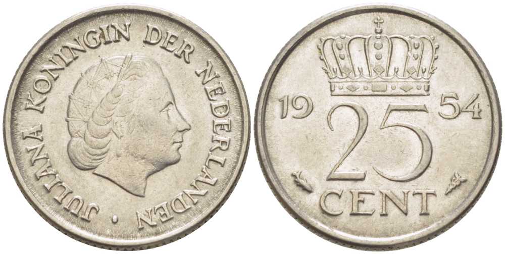 НИДЕРЛАНДЫ 25 ЦЕНТОВ 1954 ЮЛИАНА (1948-1980) KM 183 никель 214-922