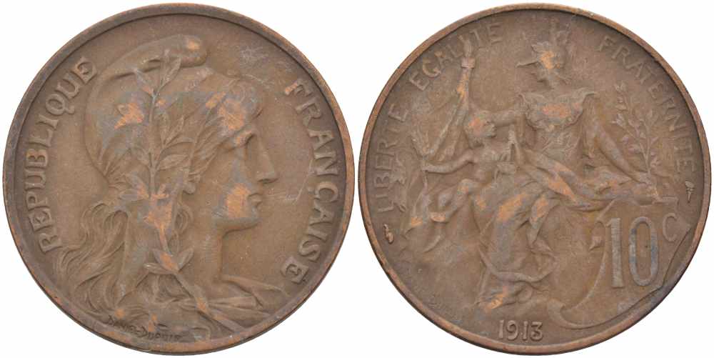 ФРАНЦИЯ 10 САНТИМОВ 1913 ТИП ДАНИЭЛЬ ДЮПЮИ KM 843, LA FRANC 136.23 бронза 109-326