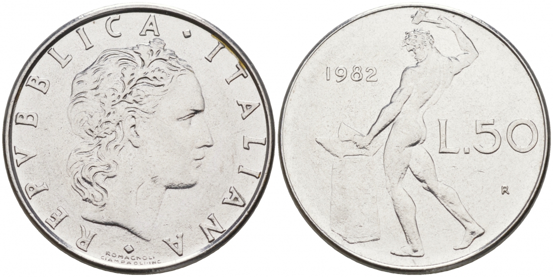 ИТАЛИЯ 50 ЛИР 1982 R КУЗНЕЦ KM 95.1 сталь 186-257