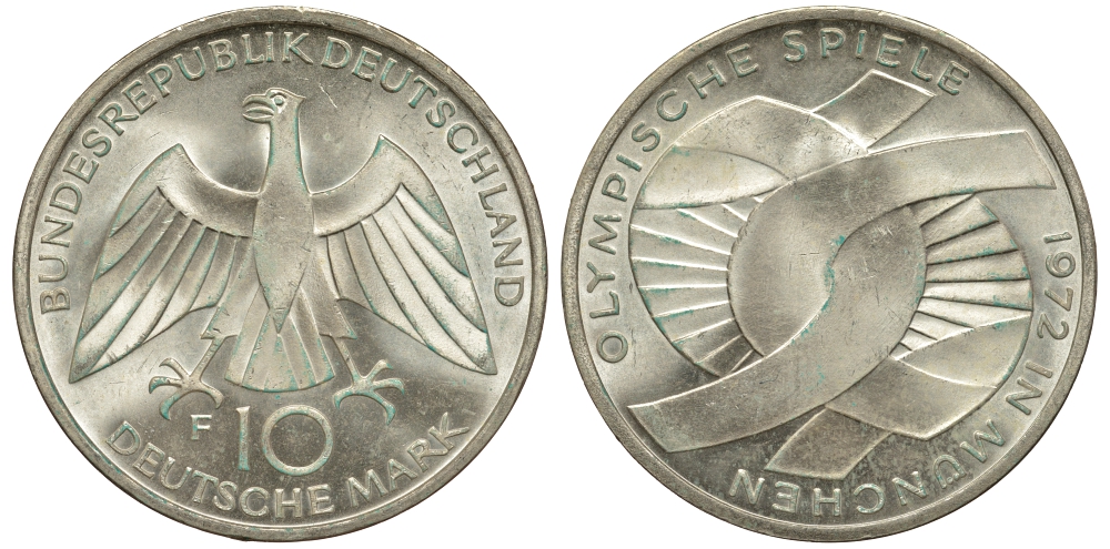 ФРГ 10 марок 1972 F, XX летние Олимпийские игры 1972 года в Мюнхене, символика KM 131, J.402 серебро 1520-231