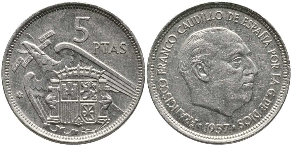 Испания 5 песет 1957 (75) Франциско Франко (1939-1975) KM 786 медно-никель 110-947