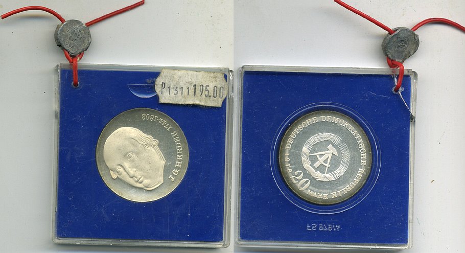 ГДР 20 марок 1978 А, 175 лет со дня смерти Гердера Иоганна Готфрида, тираж 4500 экз., в оригинальной упаковке, пломба KM 71 серебро PROOF 06-128-11-2