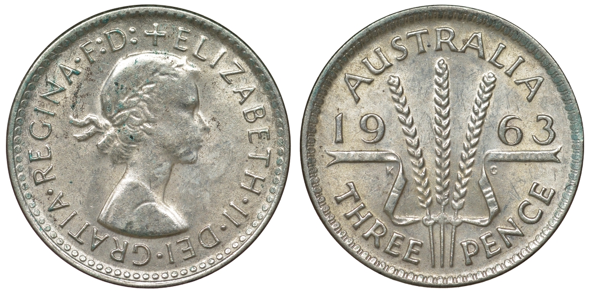 Австралия 3 пенса 1963 m, Елизавета II (1952-2022) KM 57 серебро 71-919