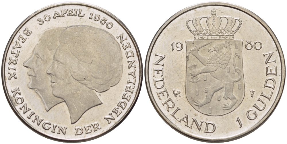 Нидерланды 1 гульден 1980 на коронацию Беатрикс, 30 апреля 1980 KM 200 никель 31-851