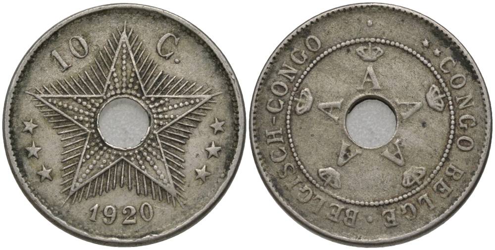 Бельгийское Конго 10 сантимов 1920 Альберт I (1909-1934) KM 18 медно-никель 27-1131