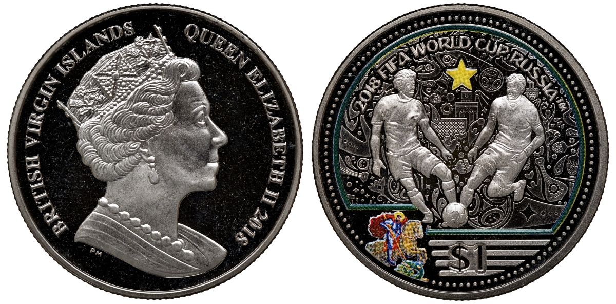 Британские Виргинские острова 1 доллар 2018 Чемпионат мира по футболу в России 2018 года, два игрока, цветная эмаль KM NEW медно-никель UNC 1077-8-61