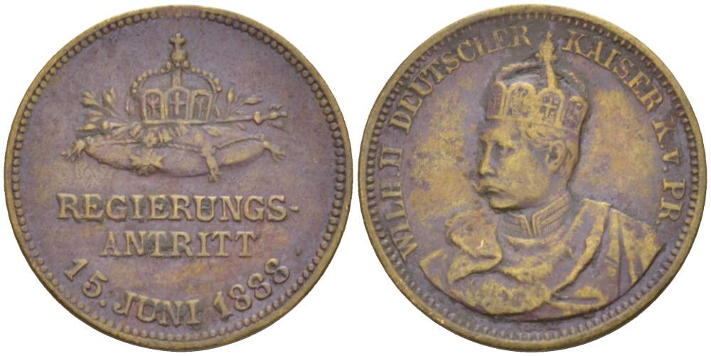 ПРУССИЯ МЕДАЛЬ 1888 НАЧАЛО ПРАВЛЕНИЯ ВИЛЬГЕЛЬМА II КОРОЛЯ ПРУССИИ, 15 ИЮНЯ 1888 ГОДА, ДИАМЕТР 24 ММ. бронза 4529-1257