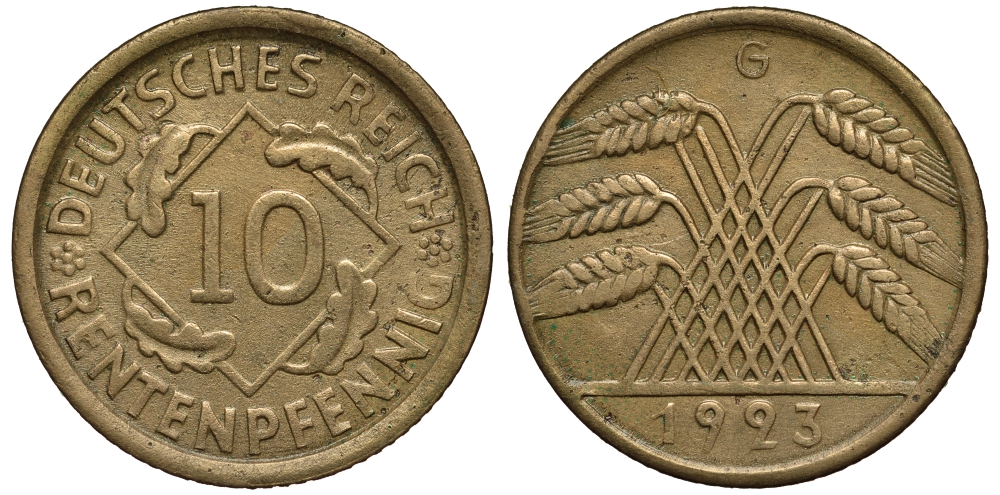 ГЕРМАНИЯ 10 РЕНТЕНПФЕННИГОВ 1923 G, KM 33, J. 309 алюминиевая бронза 413-6034