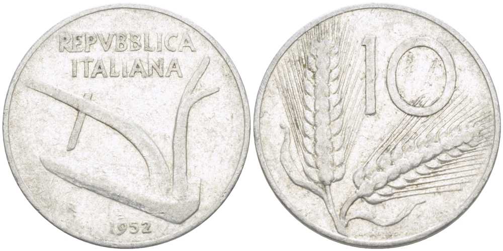 ИТАЛИЯ 10 ЛИР 1952 R, ПЛУГ, КОЛОСЬЯ KM 93 алюминий 175-336