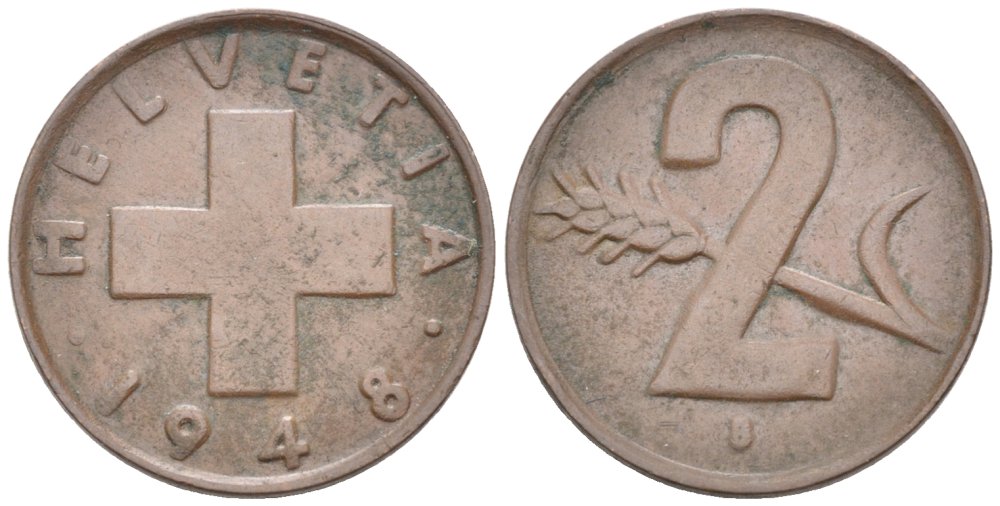 Швейцария 2 раппена 1948 В KM 47 бронза 4576-917