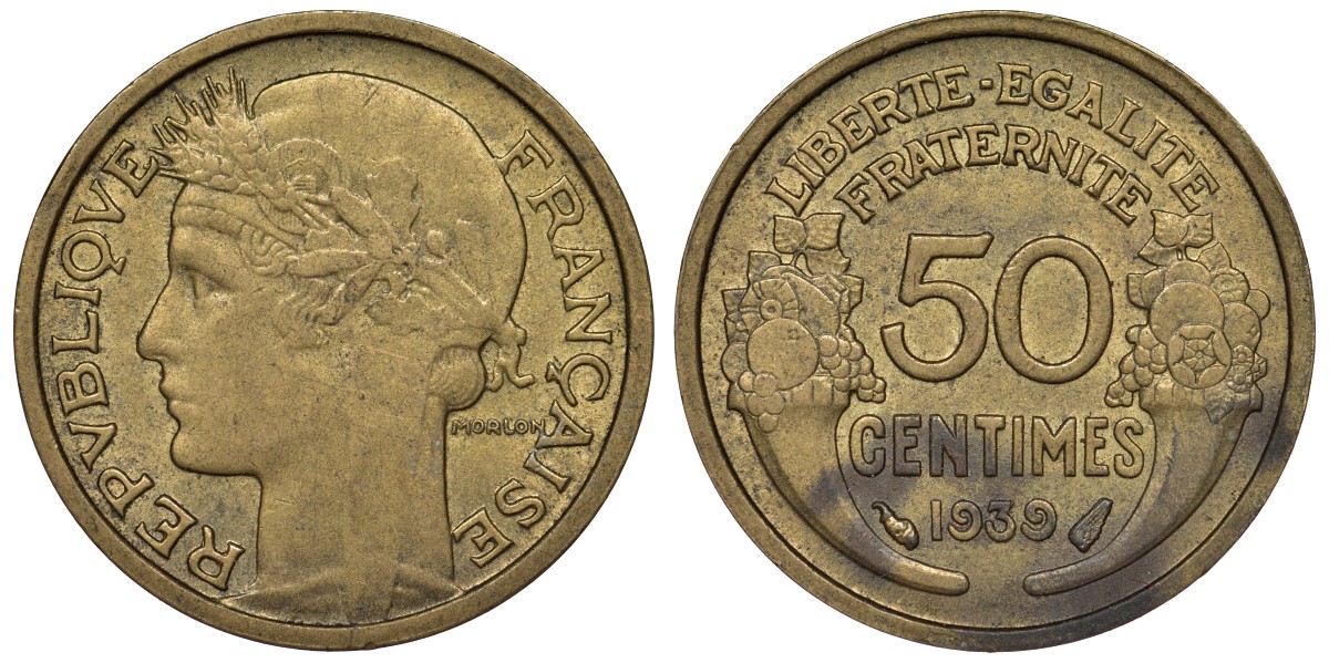 Франция 50 сантимов 1939 тип Morlon KM 894.1, Le Franc 192.15 алюминиевая бронза 4124-348