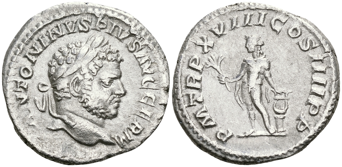 Римская Империя денарий 215 Каракалла PM TRP XVIII COS IIII PP Аполлон Рим Good Very fine RIC 254 серебро 00-00-00