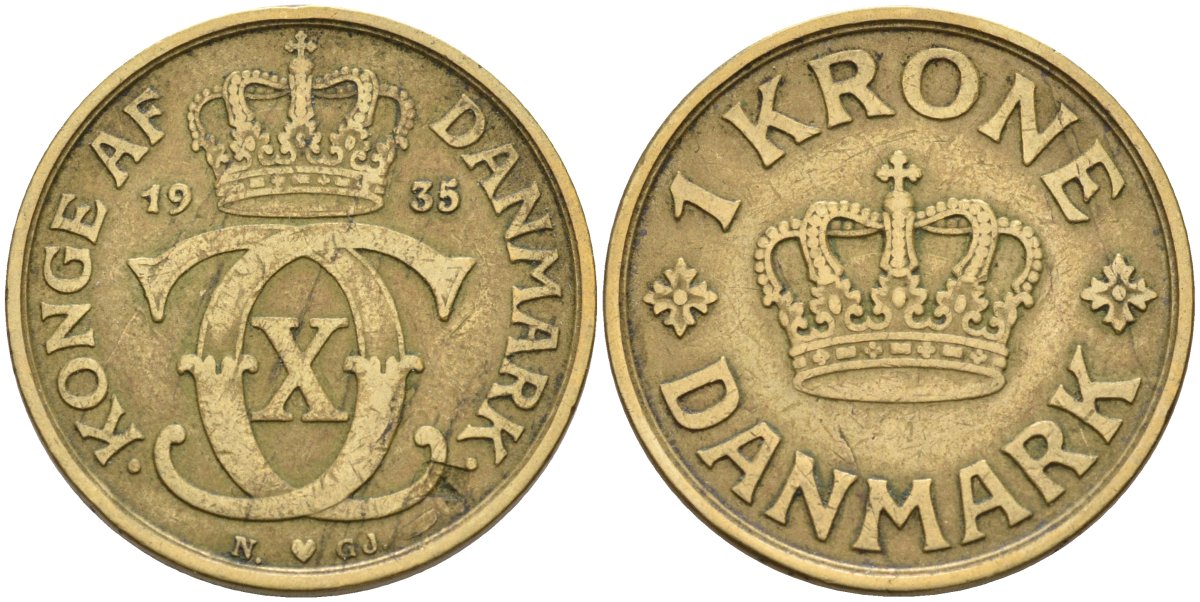 Дания 1 крона 1935 Кристиан X (1912-1947) KM 824 алюминиевая бронза 4591-953