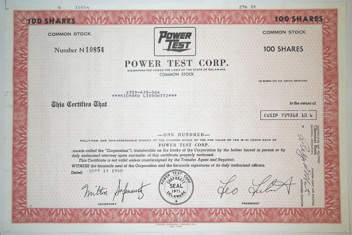 США, Power Test Corp. 100 акций 1980 бумага 8805-60-1
