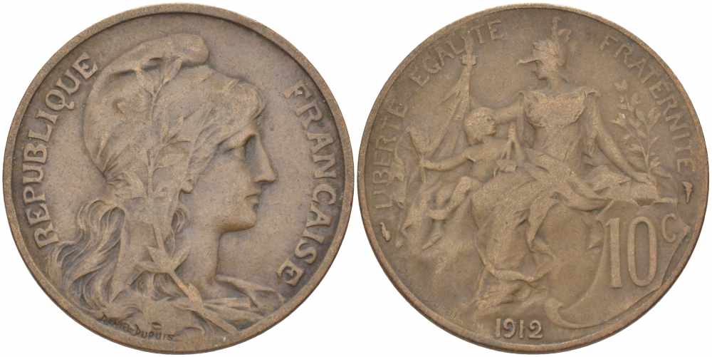 ФРАНЦИЯ 10 САНТИМОВ 1912 ТИП ДАНИЭЛЬ ДЮПЮИ KM 843, LA FRANC 136.22 бронза 109-312