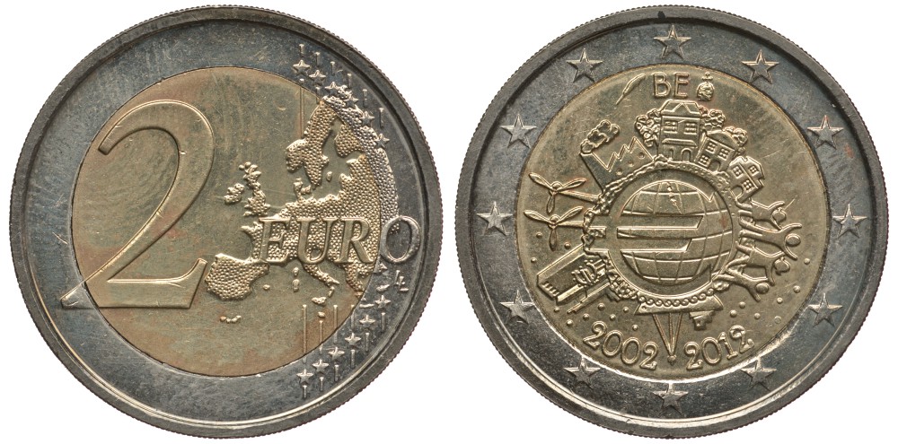 Бельгия 2 евро 2012 10 лет монетарной политике и наличному евро KM 315 биметалл 4384-252