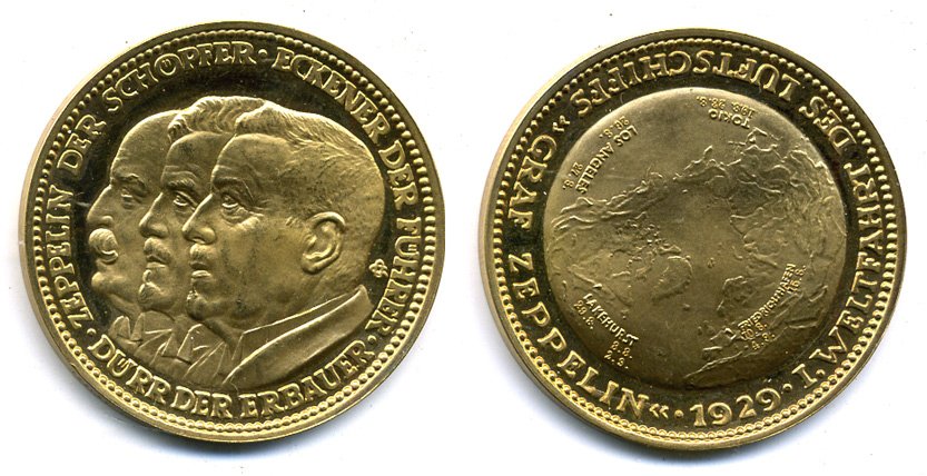 Пруссия медаль 1929 вокруг света на дирижабле, 22,96 гр. золото UNC 10-010-60