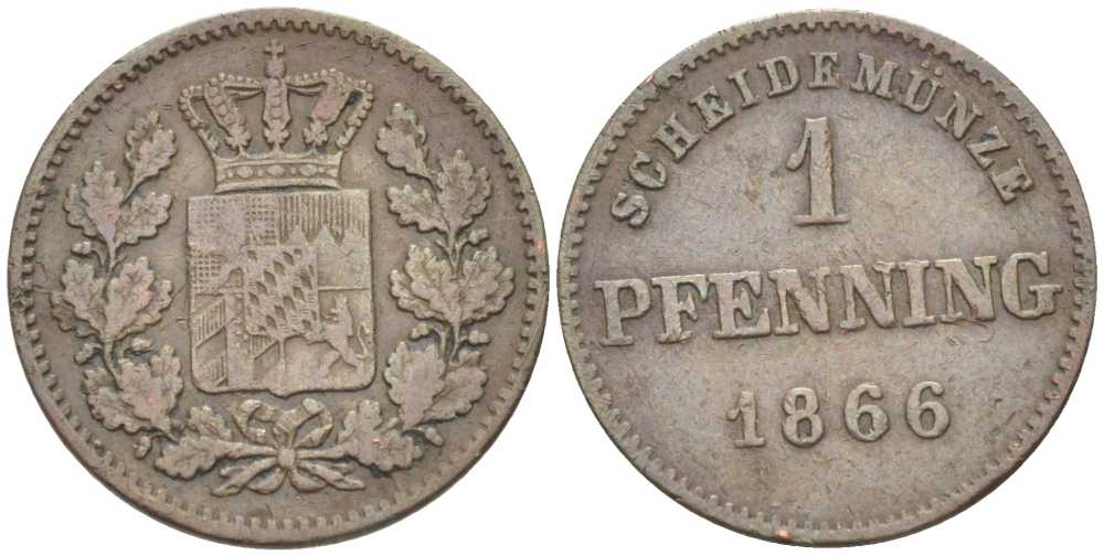 Бавария 1 пфенниг 1866 Людвиг II (1864-1886) КМ 471, AKS 185 медь 201-252