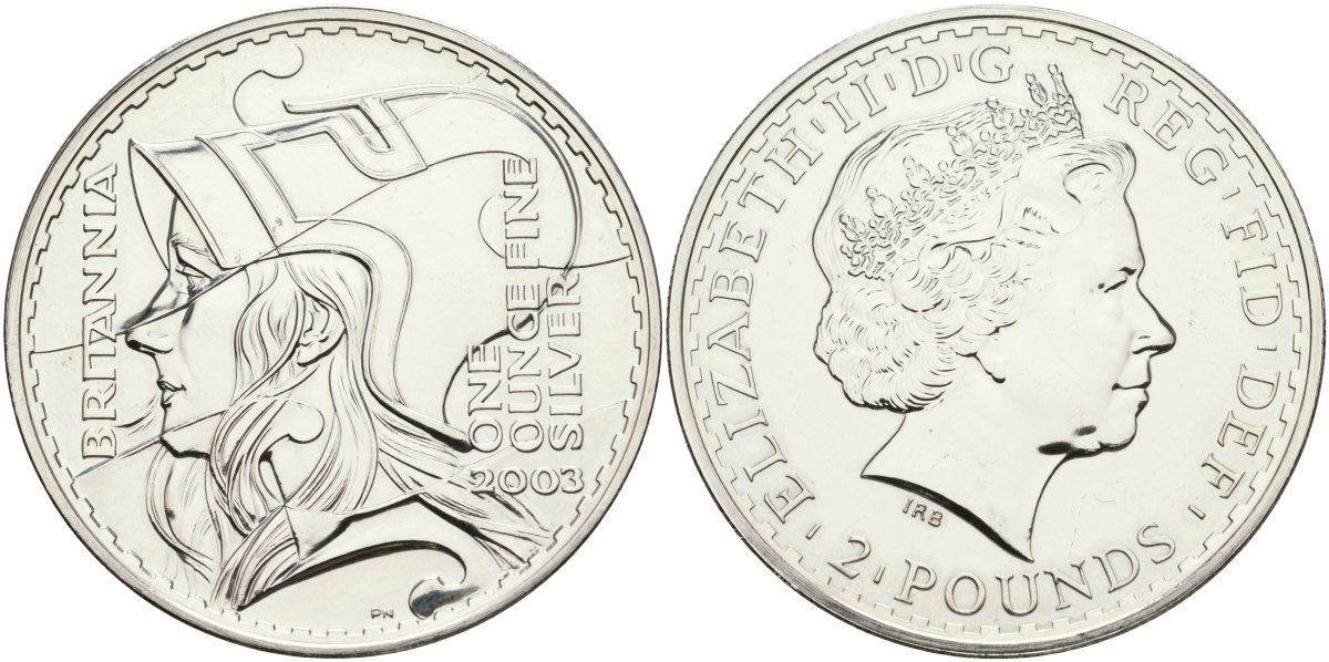 Великобритания 2 фунта 2003 Елизавета II (1952-2022), голова Британии KM 1039, Spink BSF5 серебро UNC 11-317-21