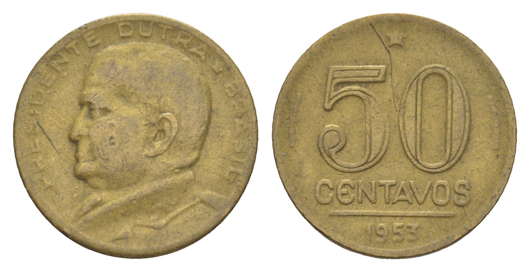Бразилия 50 сентаво 1953 Эурику Дутра KM 563 алюминиевая бронза 4618-1135