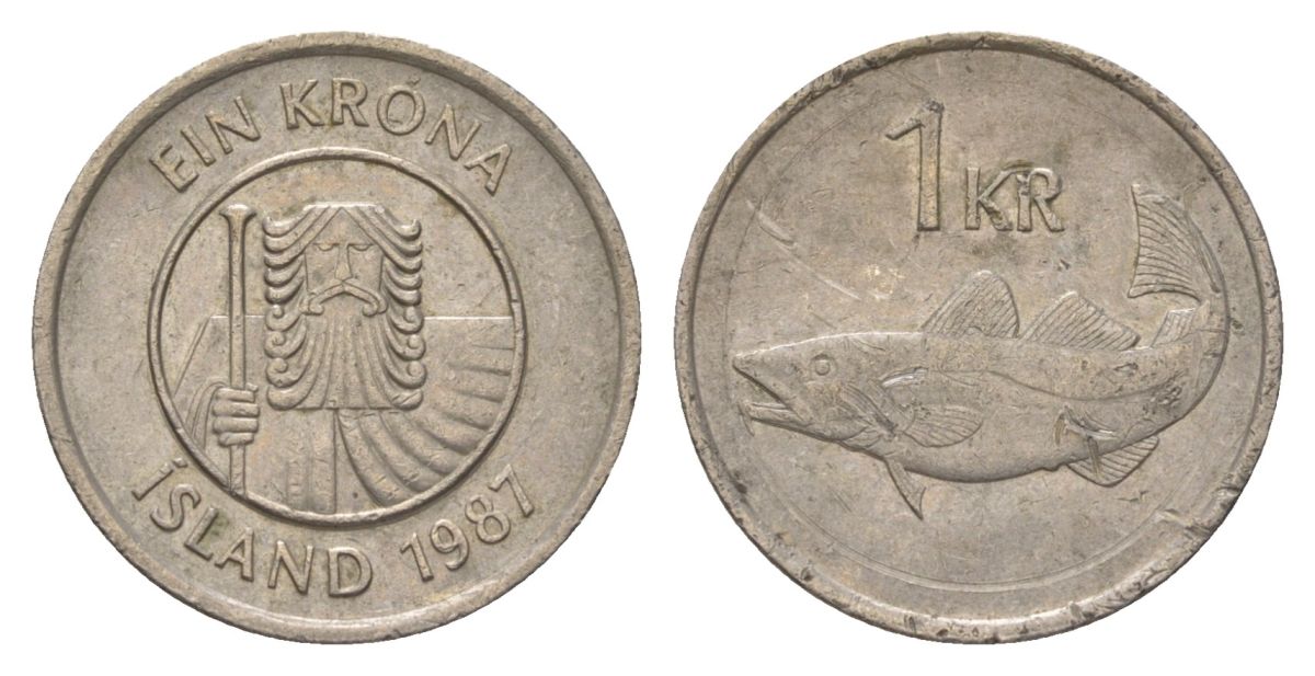 Исландия 1 крона 1987 KM 27 медно-никель 4627-751