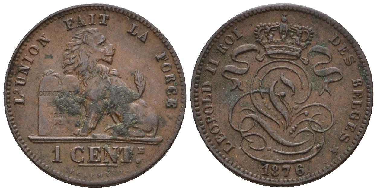 Бельгия 1 сантим 1876 Belges, Леопольд II (1865-1909) KM 33.1 медь 220-752