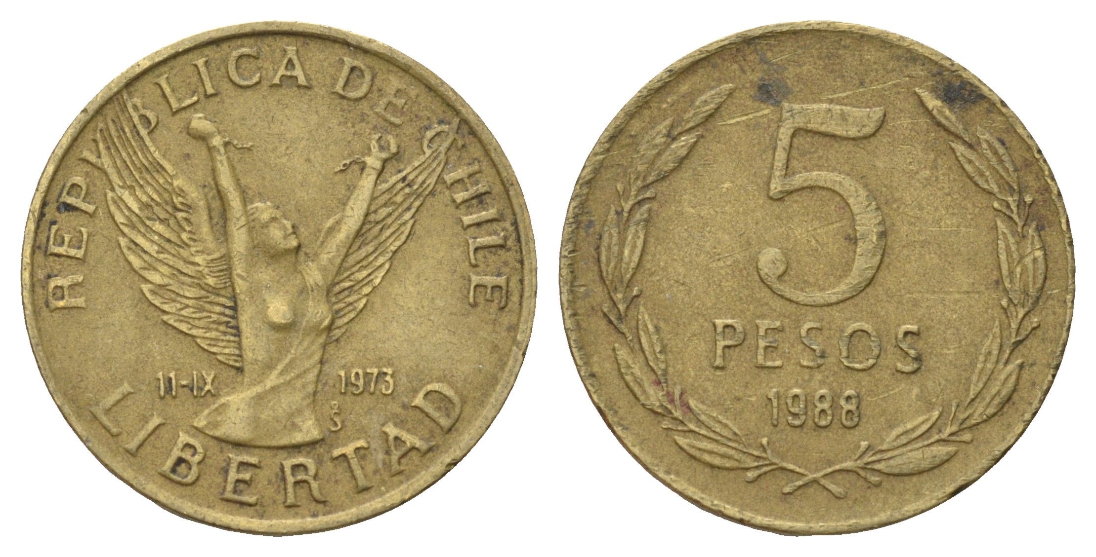Чили 5 песо 1988 KM 217 никель латунь 218-335