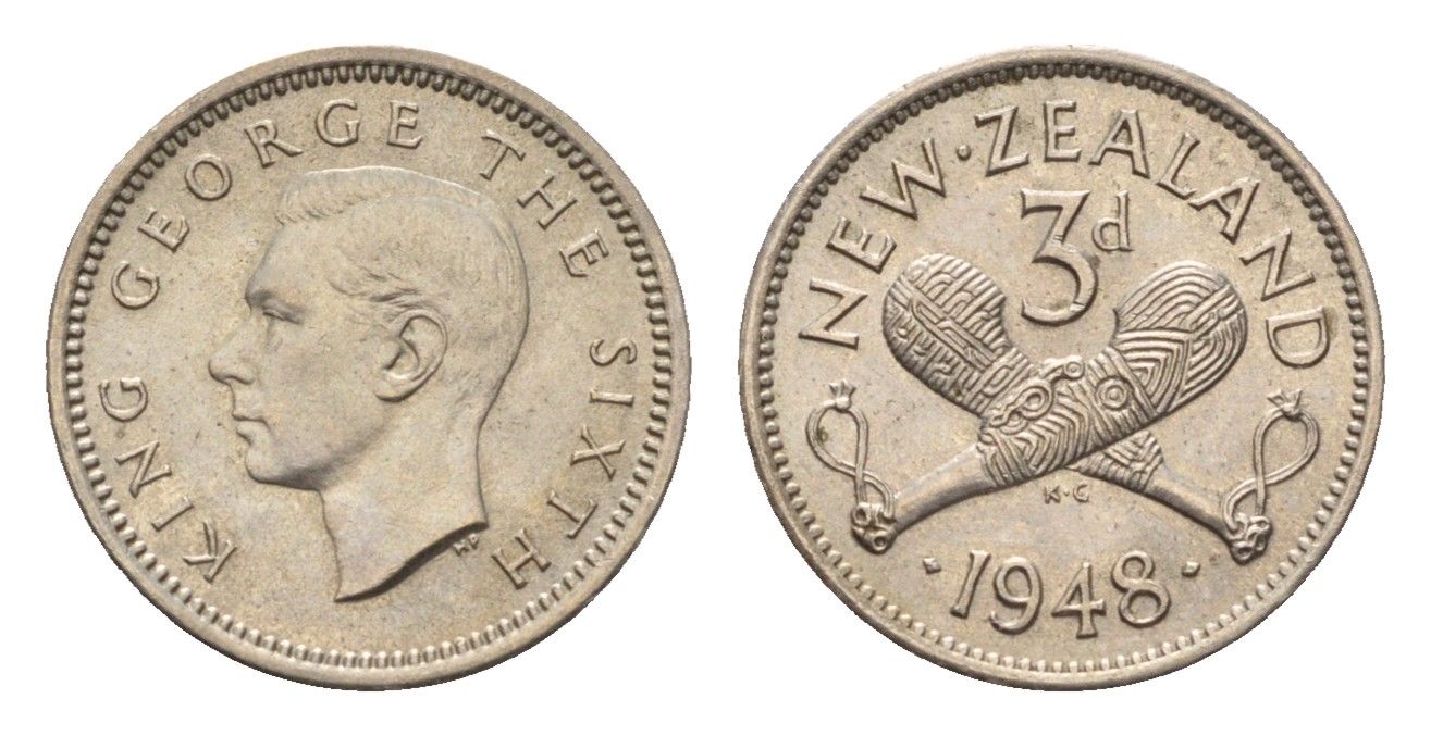 Новая Зеландия 3 пенса 1948 Георг VI (1936-1952) KM 15 медно-никель UNC 39-1166