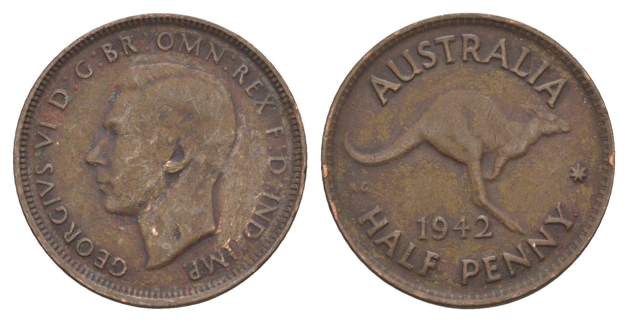 Австралия 1/2 пенни 1942 Георг VI (1936-1952), кенгуру KM 41 бронза 4652-136