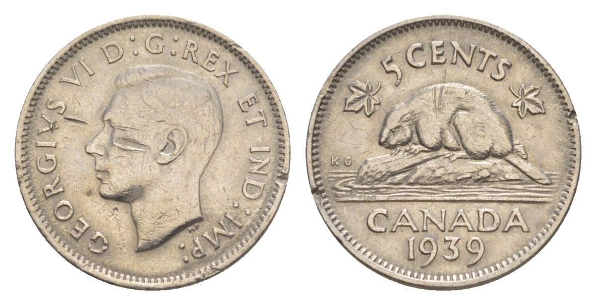Канада 5 центов 1939 Георг VI (1936-1952), бобр KM 33 никель 4630-643