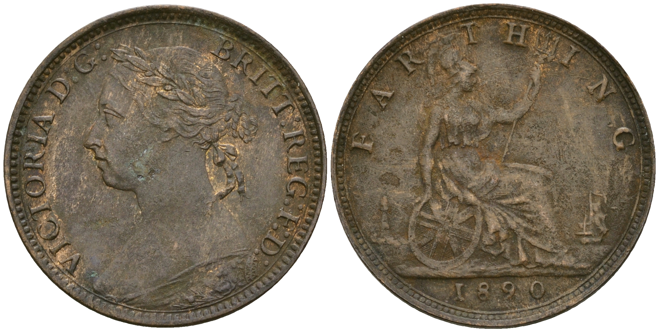 Великобритания 1 фартинг 1890 Виктория (1837-1901) KM 753, Spink 3958 бронза 4364-3661