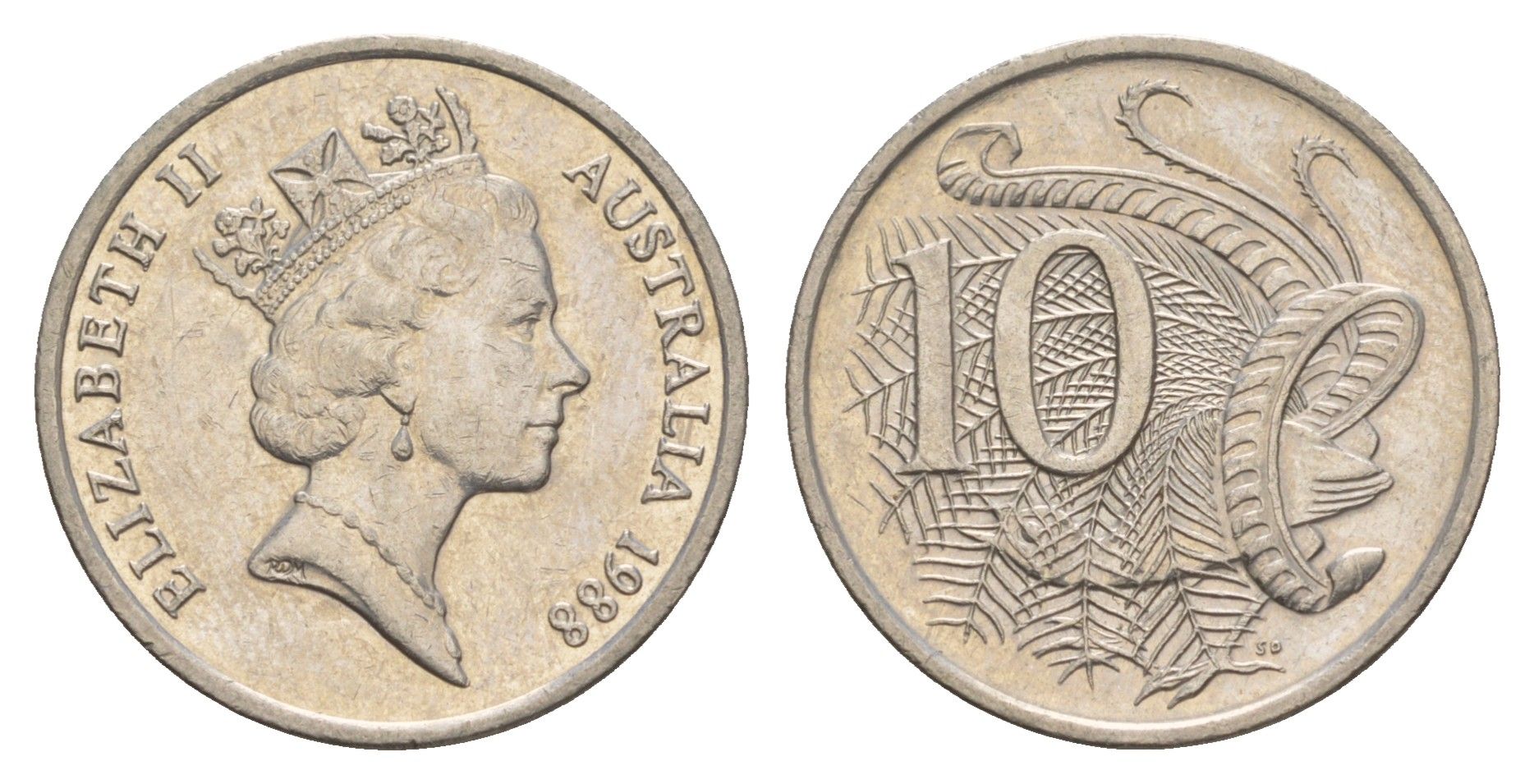 Австралия 10 центов 1988 Елизавета II (1952-2022), птица лирахвост KM 81 медно-никель aUNC 4657-154