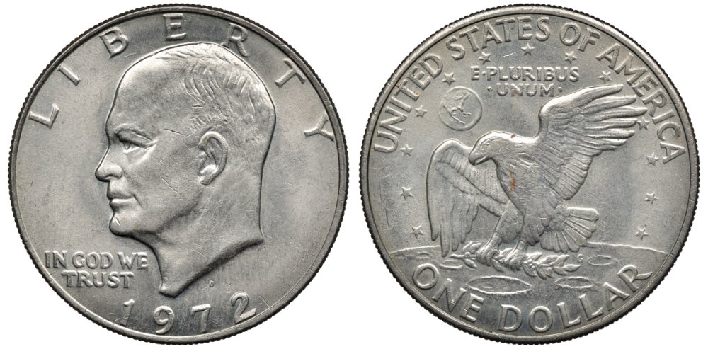США 1 доллар 1972 D, Президент Эйзенхауэр, лунный орел KM 203 медь плакированная медно-никелем 4558-1033