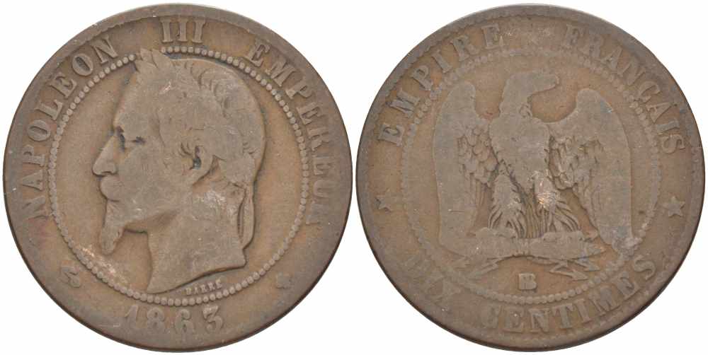 ФРАНЦИЯ 10 САНТИМОВ 1863 BB, НАПОЛЕОН III (1852-1870) KM 798.2, LE FRANC 134.9 бронза 4389-316