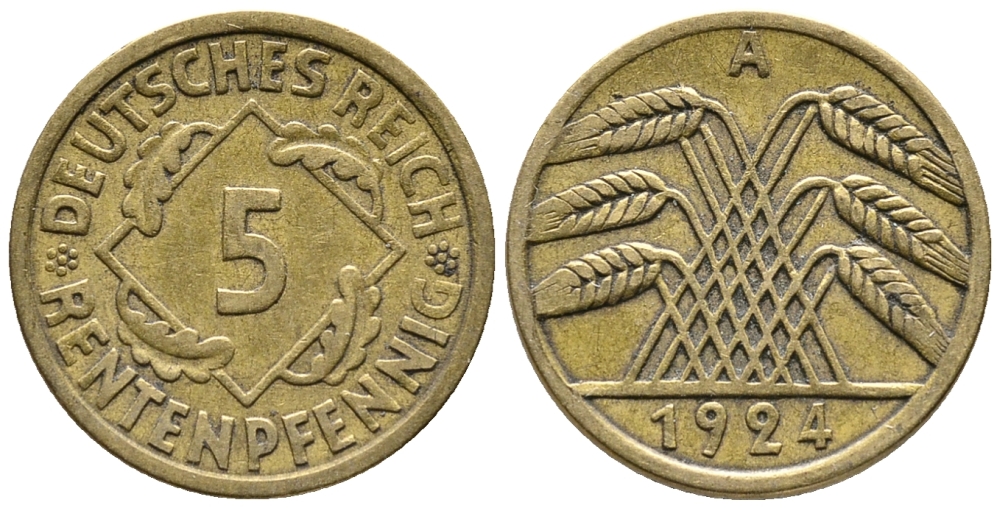 ГЕРМАНИЯ 5 РЕНТЕНПФЕННИГОВ 1924 A KM 32, J. 308 алюминиевая бронза 39-443