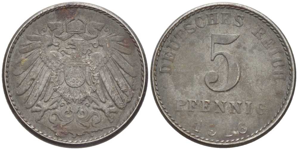 ГЕРМАНИЯ 5 ПФЕННИГОВ 1916 A KM 19, J. 297 железо 211-618
