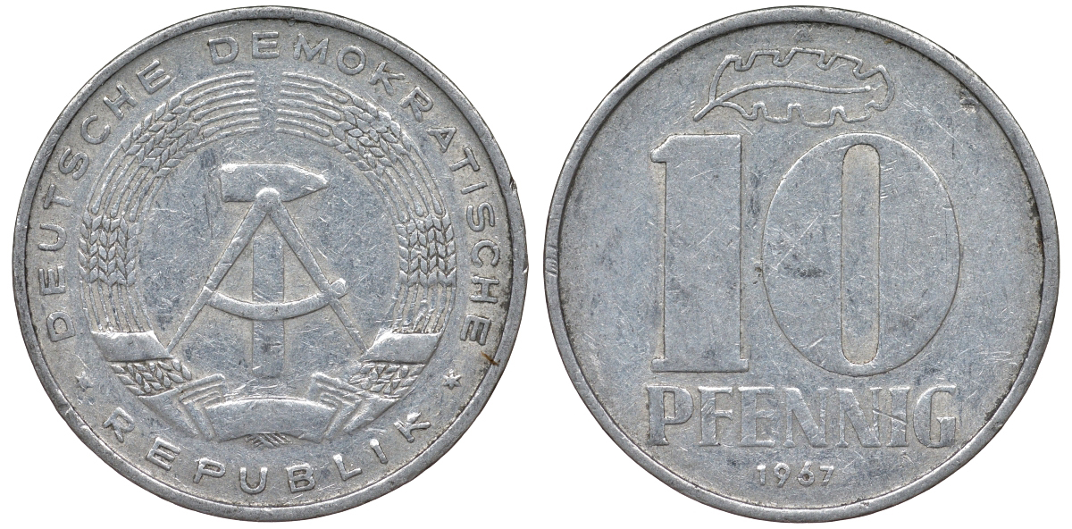 ГДР 10 ПФЕННИГОВ 1967 А алюминий 62-737