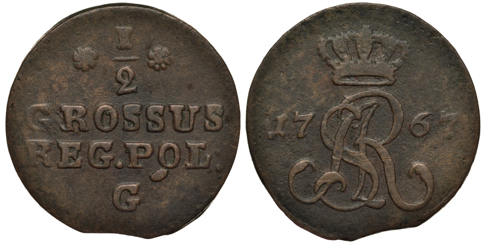 Польша 1/2 гроша (полугрош) 1767 G, Станислав Август Понятовский (1764-1795), вес 2 гр. KM 175.1 (С34) медь 1516-1331