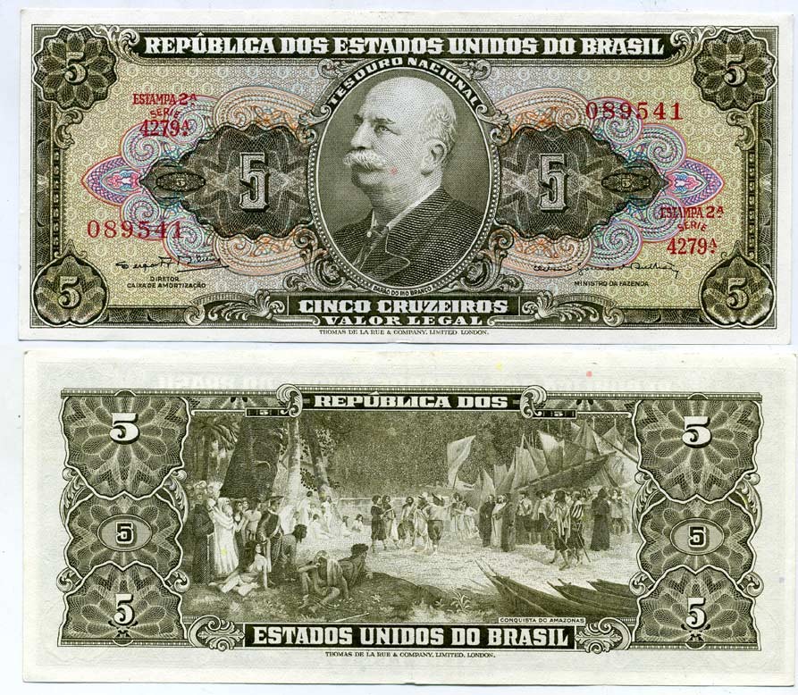 БРАЗИЛИЯ 5 КРУЗЕЙРО 1964 СЕРИЯ 4279, ESTAMPA 2A, БАРАО ДО РИО БРАНКО Pick 176d бумага UNC (ПРЕСС) 445-75-1